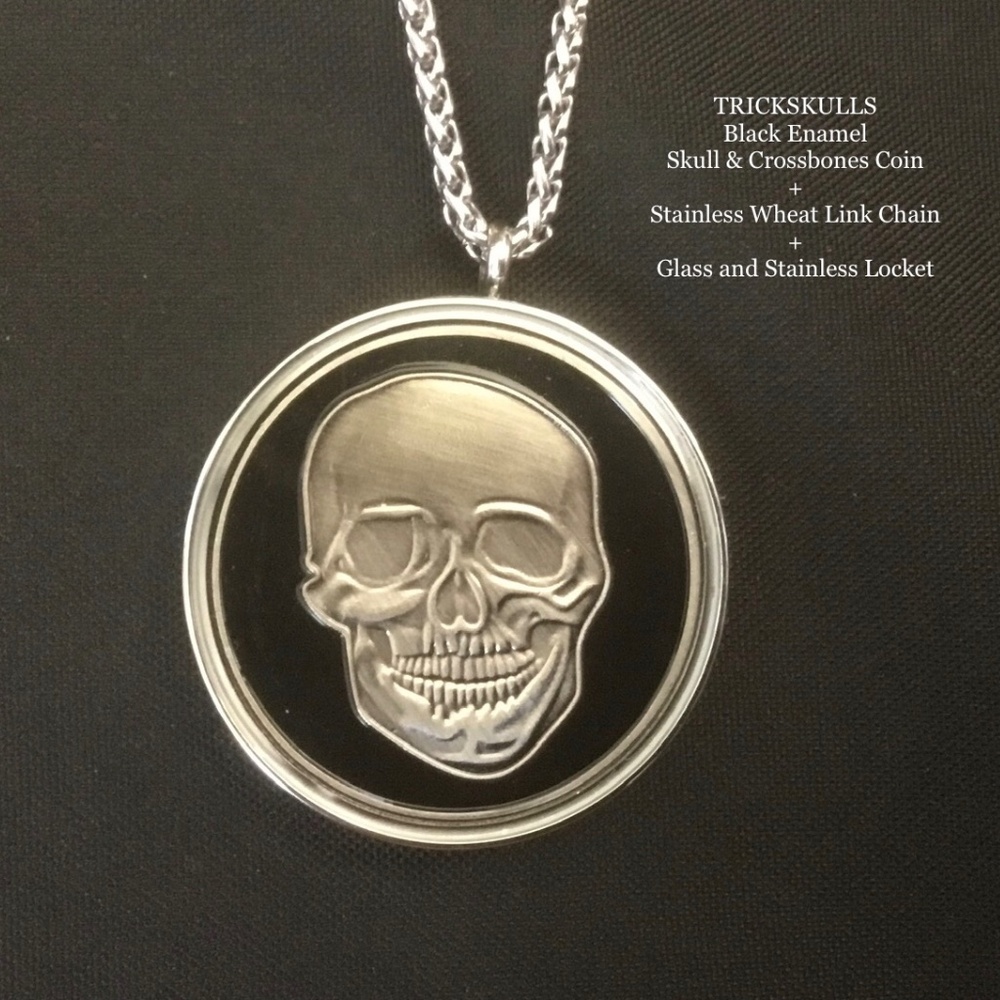 Black Enamel Skull & Crossbones Coin + Stainless Locket Custom Wheat Link Chain